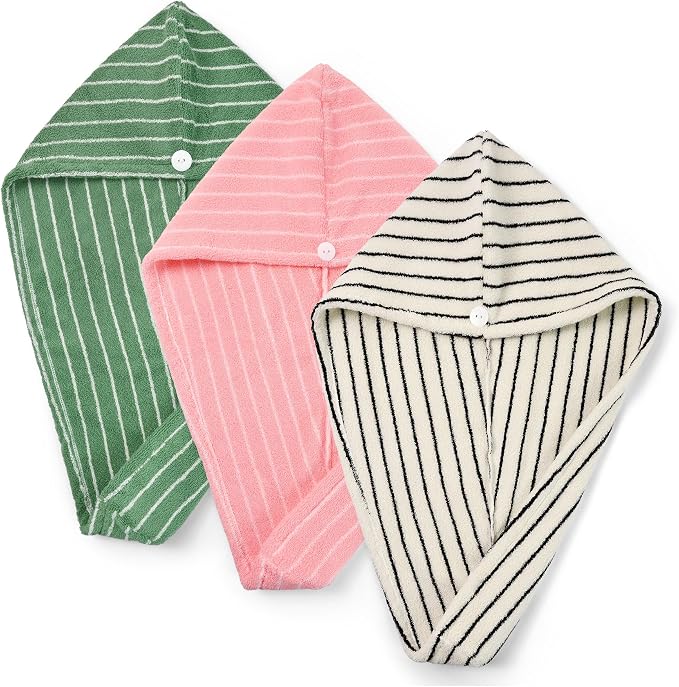 Jacquotha Cotton Hair Towels Wrap for Women, 3 Pack (Black, Pink, Green) – Quick Drying Hair Turban Towel for Wet Hair, 25” x 9.5”, Shower Spa Travel