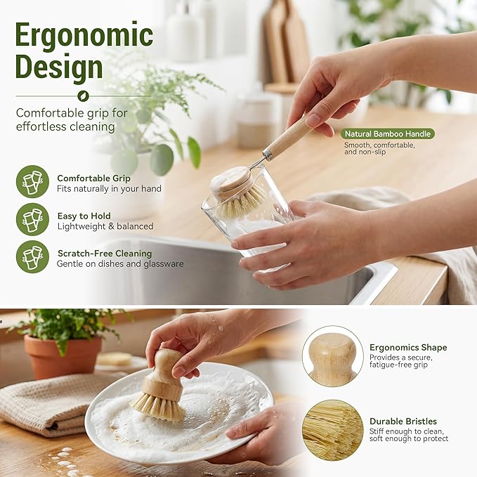 DEBETOOL 6-Piece Bamboo Dish Brush Set - Natural Dish Scrubber with Bottle & Vegetable Brush, Palm & Sisal Bristles, Wooden Dish Brushes for Kitchen Cleaning Pots, Pans, Bottles, Vegetables