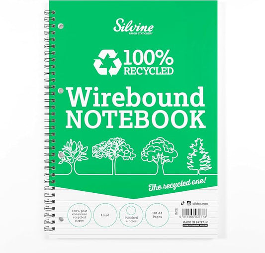 Silvine A4 Everyday Recycled Wirebound Notebook - Ruled Feint, 104 Pages of 100% Recycled Paper. Ref TWRE80