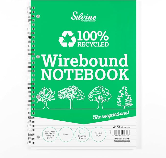 Silvine Everyday Notebook Recycled Wirebound Punched Ruled 104pp 70gsm A4 Ref TWRE80, Pack of 12