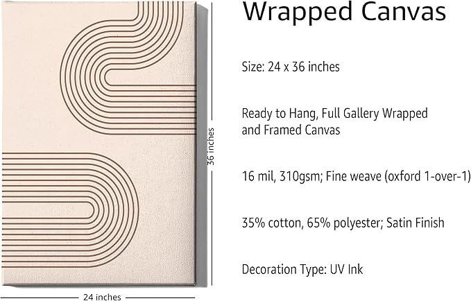 Abstract Double Wavy Arch Wrapped Canvas Wall Art Minimalist S-Shape Lines Earth Tones Terracotta Brown 24x36 Inch Gallery Stretched Modern Home Art Decor