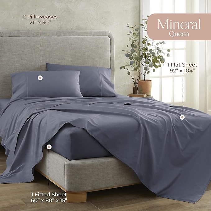 100% Organic Cotton Sheets Queen Size - GOTS Certified Organic Bed Sheets with Deep Pocket 300 Thread Count & Cozy Sateen Weave Gets Softer with Each Wash - Luxury 4 Piece Set (Mineral, Queen)