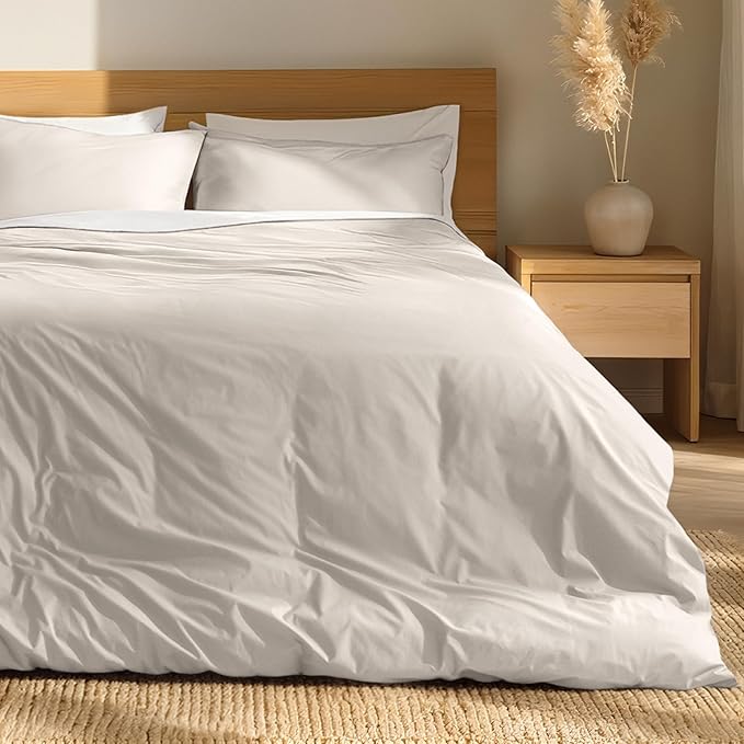 Bare Home 100% Organic Cotton Queen Duvet Cover Set - Crisp Percale Weave - Lightweight & Breathable - Cooling Duvet Cover Set (Queen, French Beige)