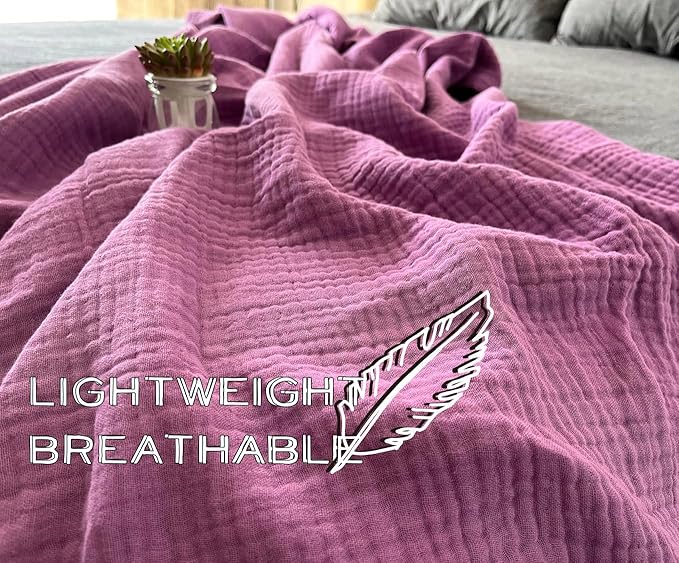 KyraHome 100% Organic Cotton 50"x60" Muslin Throw Blankets for Adults, Couch Picnic, Travel, Plant Dyed, Lightweight Gauze Soft Summer Blankets, All Season, Purple/Lavender
