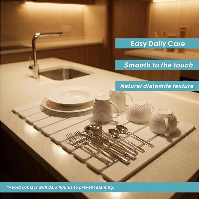 Diatomaceous Earth Stone Dish Drying Mat for Kitchen Counter – Quick Drying Mat Set (1*Large 23"×15.5" & 2*Small 7.5"×4") | Kitchen Drying Mat for Dishes, Cups & Utensils, Sink Mat (White)