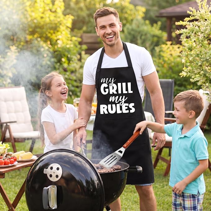 TOSHE Funny Apron Waterdrop Resistant Cotton Apron with adjustable Aprons for Women with Pockets 12 Color option Cooking (Black - My Grill My Rules)