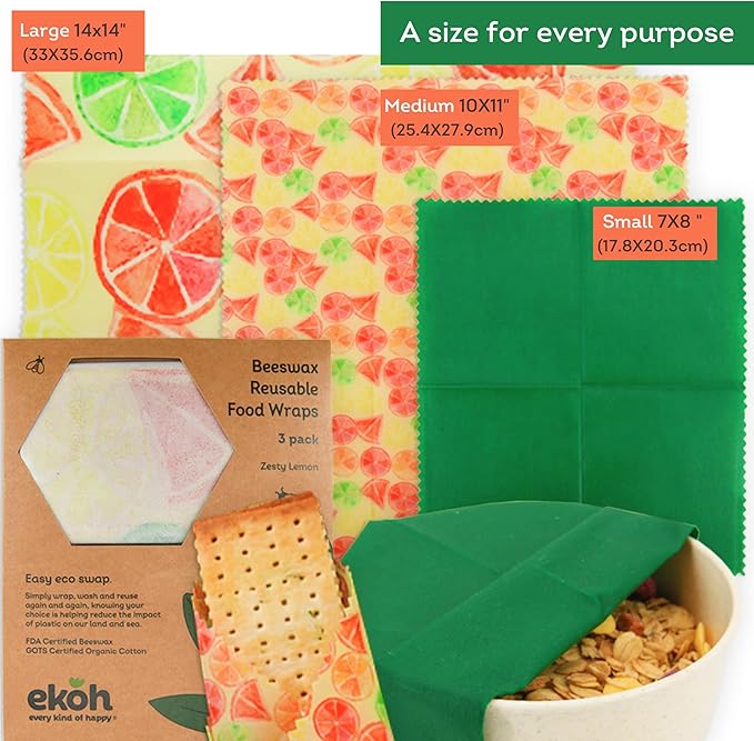 EKOH Reusable Beeswax Wraps (3pc) Retro Print | Beeswax Wrap for Food | Bees Wax | Reusable Sandwich Wrap | Sustainable Gifts | Vegan Beewax Wrapping with Natural Jojoba Oil (Zesty Lime Lemon 3 Pack)