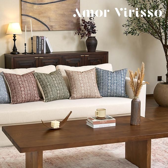 Amor Virisso Vintage Floral Throw Pillow Covers 18x18 Striped Farmhouse Block Print Pillow Cover Boho Neutral Decorative Pillows for Living Room Bed, Sage Green