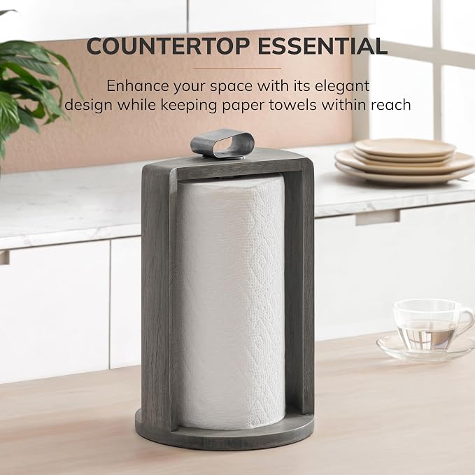 Anji Mountain Wooden Paper Towel Holder with Iron Holder, Holder Stand for Kitchen Roll Organizer & Kitchen Dining Table Home Décor, Countertop Fits Jumbo & Mega Rolls - Greige/Nickel, Top Load