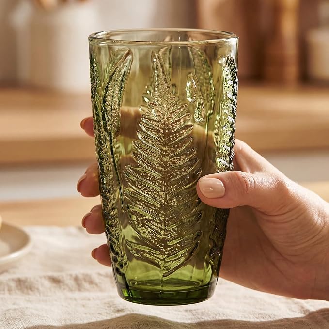 Green Drinking Glasses Set of 8, 16 oz Vintage Hand-Pressed Glass Cups, Fern Textured Highball Tumblers, Antique Style Boho Glassware for Water, Juice, Cocktails & Mocktails, Housewarming Gift Set