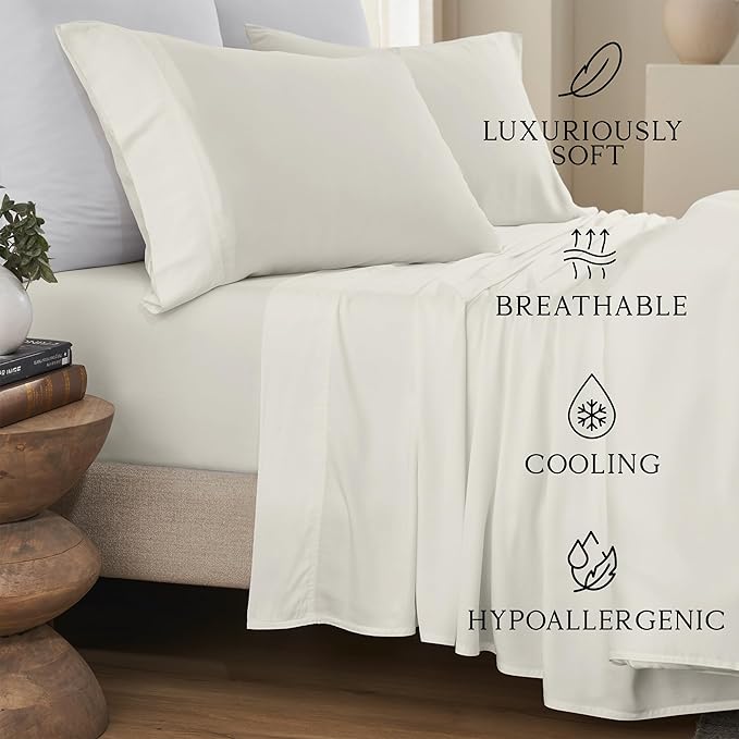 KARISSA MAE Pure Viscose from Bamboo Standard Size Pillowcase Set | 100% FSC Certified | Luxuriously Soft | Cooling | [Ivory]