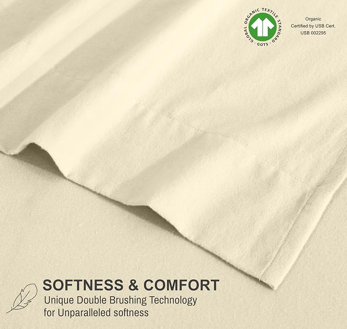RUVANTI Flannel Sheets Queen Size - GOTS Certified 100% Organic Cotton, 4 Piece Warm, Soft & Breathable Set, Deep Pocket Snug Fit, Double Brushed Cozy All Season Bedding, Winter White