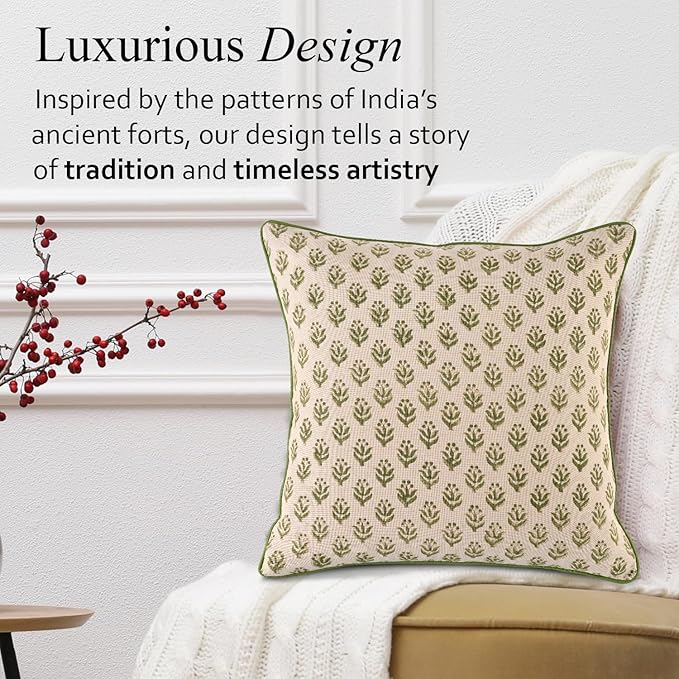 CPC Throw Piping Pillow Covers for Couch, 18x18 Inch Pillows for Living Room, 100% Cotton Boho Cute Outdoor Pillows, Flower Cushion Covers Gift for Spring, Easter - Earty Boho Vine
