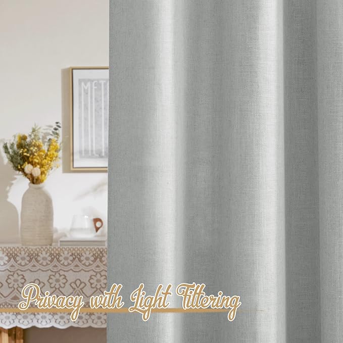 NICETOWN Linen Light Gray Curtains for Living Room, Rod Pocket & Back Tab Top Flax Linen Blend Semi Sheer Eclectic Drapes Privacy with Light Filtering for Kids Room, W52 x L84, 2 Pieces