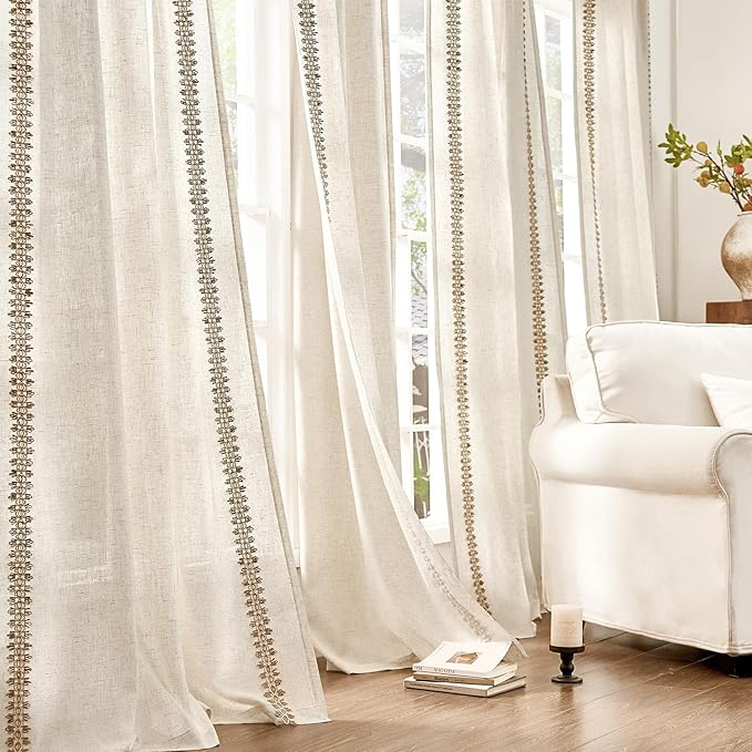 jinchan Beige Linen Blend Curtains with Woven Trim Boho Curtains 96 Inches Length 2 Panels for Living Room Bedroom Light Filtering 50 Inches Wide Rustic Farmhouse Drapes with Rod Pocket Back Tab Ecru
