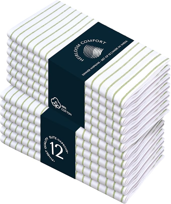 Lemon Green Stripe Cloth Napkins (Set of 12), 18x18 Inch, 100% Cotton, Classic Striped, Soft, Absorbent, Washable Fabric, Durable Table Napkin for Dinners, Luncheon, Everyday Dining