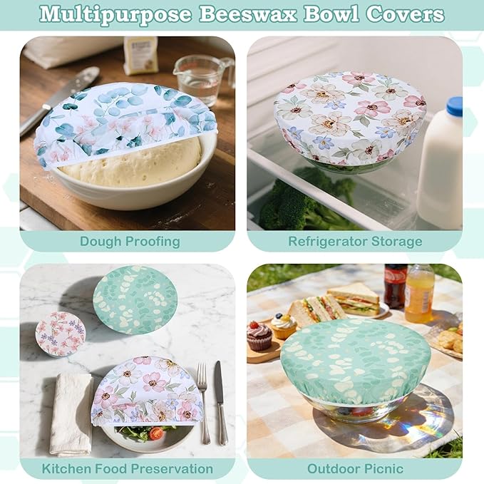 5-Size Reusable Beeswax Elastic Bowl Covers for Bread Proofing, Cotton Cloth Flexible Beeswax Wraps for Sourdough Cover and Food Storage Shower Caps for Sourdough Bread Supplies