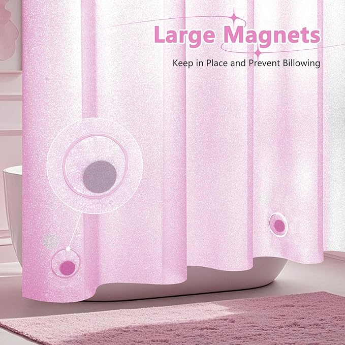 Seenus Dreamy Pink Glitter PEVA Shower Curtain Extra Long 78 Length, Waterproof Plastic Sparkle Shower Curtain Liner with 3 Large Magnets, 72x78 Inch Shimmery Rose Pink Bathroom Shower Curtain