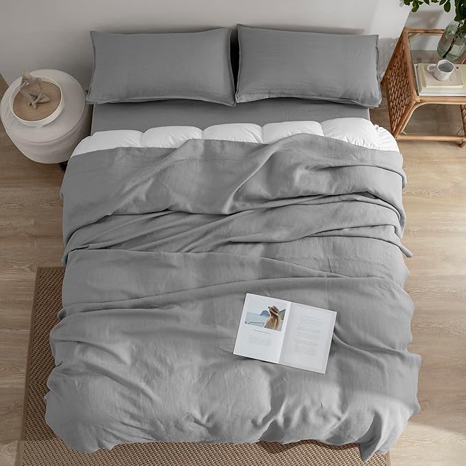 EVERLY Linen Twin Sheets Set, 100% Stonewashed French Linen Bed Sheets Deep Pocket Sheets, 3 Pieces (1 Flat Sheet, 1 Fitted Sheet, 1 Pillowcase) Natural Flax Bedding Set, Light Grey