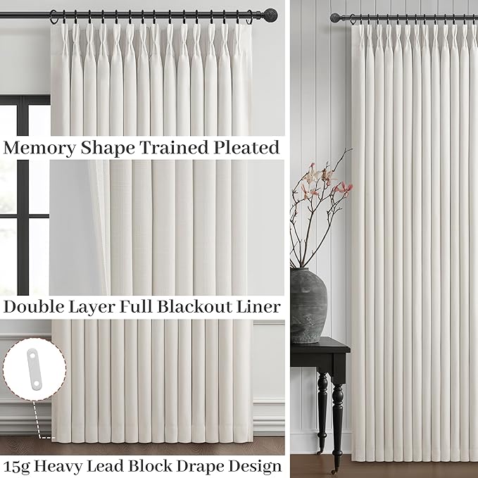 Blackout Beige White Curtains 98 Inch Long 2 Panels Set for Living Room, Farmhouse Memory Trained Pinch Pleated Two Layer Thick Linen Thermal Noise Reducing Windows Curtain 40"x98" Inches Length