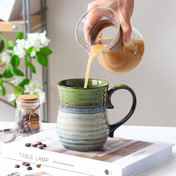 21 oz Large Ceramic Coffee Mugs, Handmade Cup with Large Handle, Big Tea and Coffee Cups for Office and Home, Microwave and Dishwasher Safe (Light Green)