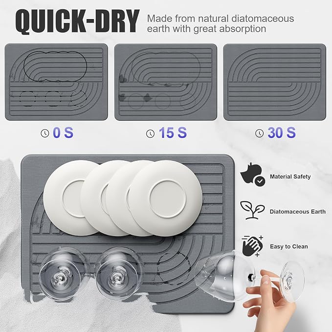 Stone Dish Drying Mat for Kitchen Counter Diatomaceous Earth Drying Mat, 15.8"x11.8" Super Absorbent Drying Stone, Quick Dry, Heat Resistant, Odorless (Dark Gray)