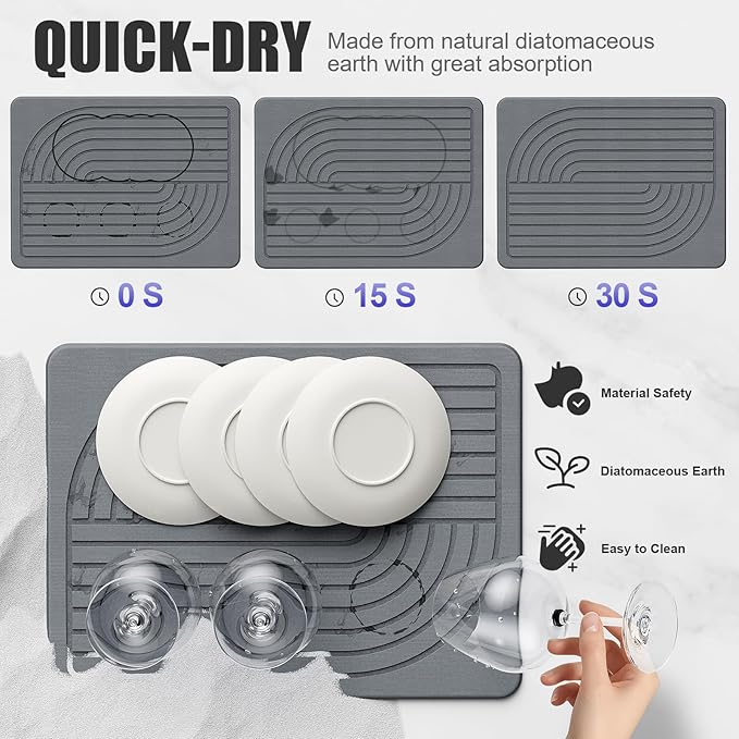2-Pack Stone Dish Drying Mat for Kitchen Counter, Diatomaceous Earth Drying Mat Pad, 15.8"x11.8" Super Absorbent Drying Stone, Quick Dry, Heat Resistant, Odorless (Dark Gray)