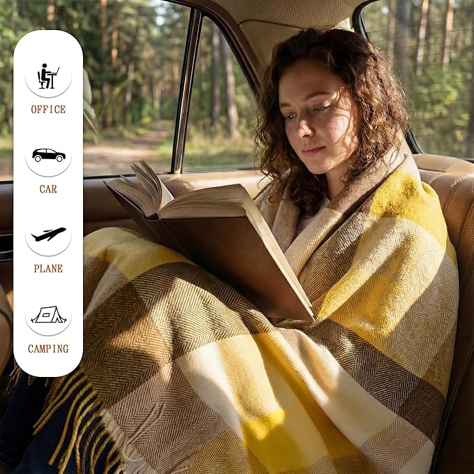 Soft Pure Wool Throw Blanket, Lightweight Warmth, 55"x83", Plaid, Fringe, Compact with Bag, Useful Gift for Women Men, All Season Decorative Cozy Travel Blanket for Couch Bed, Outdoors