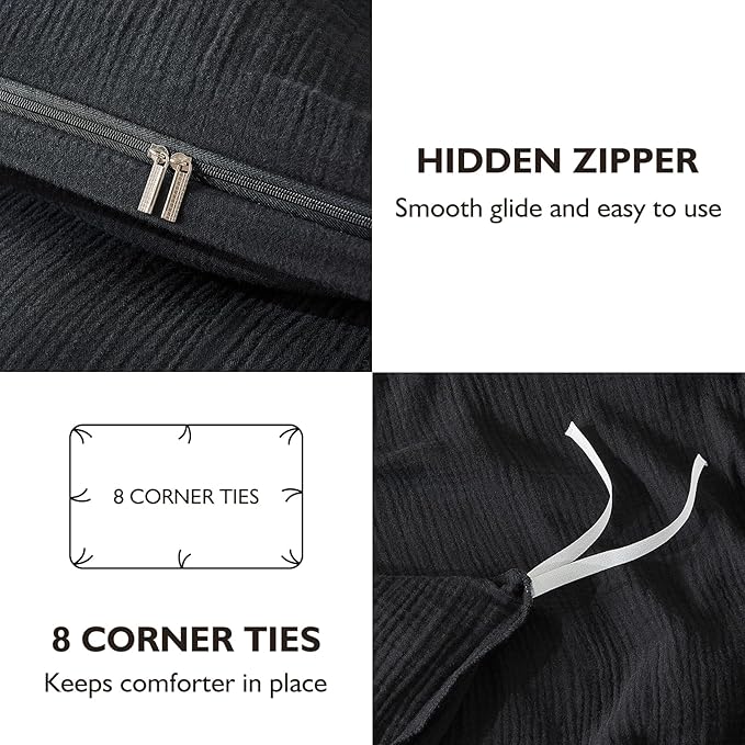 EMME Muslin Cotton Duvet Cover Set Black Queen Size Linen Like Soft Breathable Lightweight Summer Comforter Cover Set with Zipper Closure (Black, Queen, 90"x90")