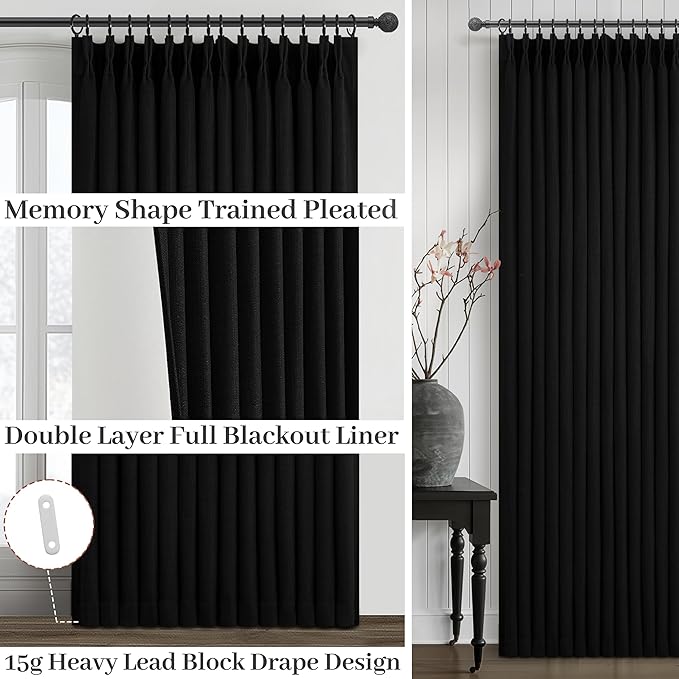 Memory Trained Pinch Pleated Black Out Curtains & Drapes 96 Inches Long 2 Panels for Living Room, Luxury Room Darkening 2 Layer Heavy Linen 40x96 Inch Curtain Sound Dampening for Bedroom Windows Decor