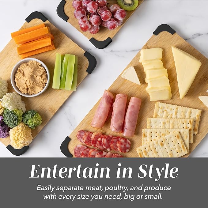 COOK WITH COLOR Non-Slip Cutting Board Set – Kitchen Essentials with Easy Grip Handle for Meat, Veggies, and Fruits, 3 Cutting Boards, Bamboo Non-Slip Black