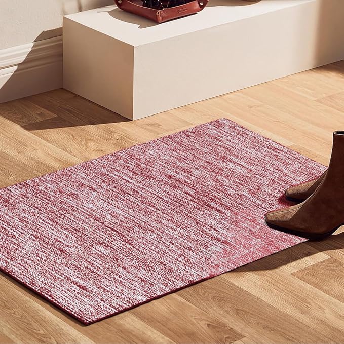 Hand Woven Area Rug 2x3 Feet - Rustic Farmhouse Bohemian Accent Rug for Living Room Bedroom Kitchen Entryway Floor Mats - Ideal for High Traffic Areas 100% Cotton Rag Rug Red