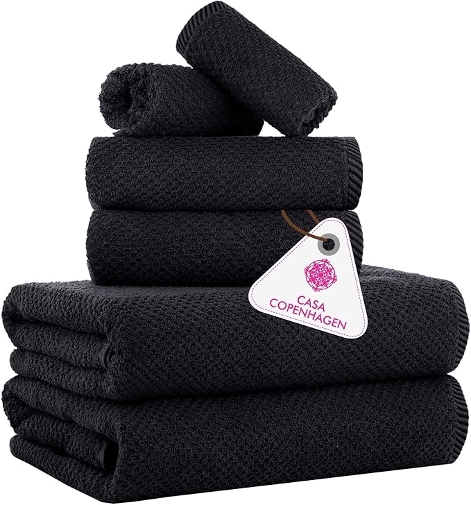 CASA COPENHAGEN Popcorn 6Pcs 100% Egyptian Cotton Large Designer Towels Gift Set- Jet Black, 600GSM, 2Bath 2Hand 2Washcloths, Bath Towels for Bathroom Set for Women & Men