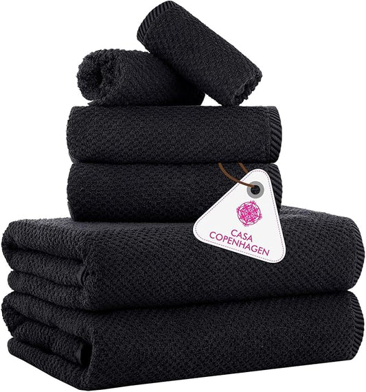 CASA COPENHAGEN Popcorn 6Pcs 100% Egyptian Cotton Large Designer Towels Gift Set- Jet Black, 600GSM, 2Bath 2Hand 2Washcloths, Bath Towels for Bathroom Set for Women & Men