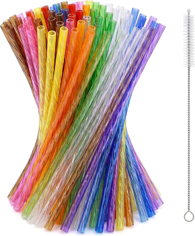 Reusable Drinking Straws 100 Pack, Assorted Color Plastic Straws, 9 Inch, Easy Clean with Brush, Durable & Dishwasher Safe for Cold Drinks & Kids