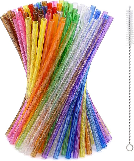Reusable Drinking Straws 100 Pack, Assorted Color Plastic Straws, 9 Inch, Easy Clean with Brush, Durable & Dishwasher Safe for Cold Drinks & Kids