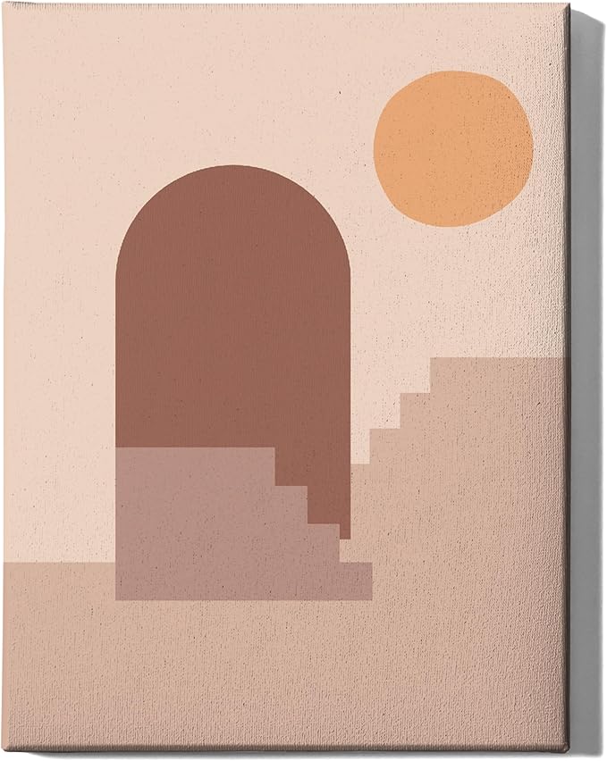 Abstract Architecture Wrapped Canvas Wall Art Archway Stairs Sun Geometric Earth Tones Terracotta 12x16 Inch Gallery Stretched Mid Century Modern Home Art