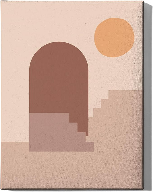 Abstract Architecture Wrapped Canvas Wall Art Archway Stairs Sun Geometric Earth Tones Terracotta 12x16 Inch Gallery Stretched Mid Century Modern Home Art