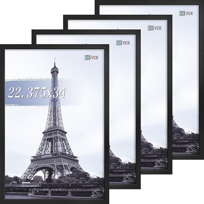 VCK 22.375x34 Poster Frame Black - 4 Pack, Gallery-Quality Wood Picture Frames, 1.1-Inch Wide Border, Polished Plexiglass, Vertical or Horizontal Wall