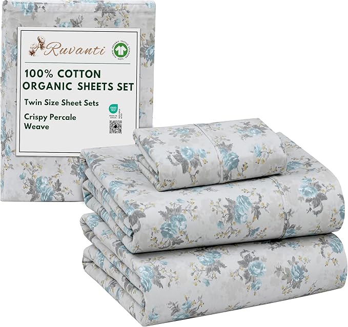 RUVANTI 100% Cotton Organic Percale Sheets Twin Size – Crisp Cooling Bed Sheets for Hot Sleepers, Deep Pocket 15”, Soft Peach Finish, Breathable & Durable Hotel-Style 3 Pcs, Blue Rose