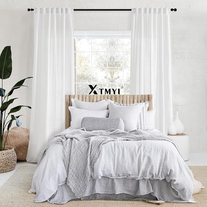 White Curtains 70 Inch Wide by 84 Long for 72 in Width Window,2 Panels Linen Cotton Back Tab Hooks Pleated Light Filtering Semi Privacy Extra Wide Sheer Curtains for Bedroom Living Room,70x84 Length
