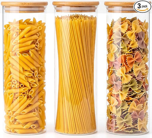 3-Pack 2Qt Round Glass Spaghetti Jars with Bamboo Lids, Tall Food Storage Containers for Pantry Organization, Elegant Kitchen Storage Canister for Pasta, Penne, Macaroni, Lasagna, Fusilli