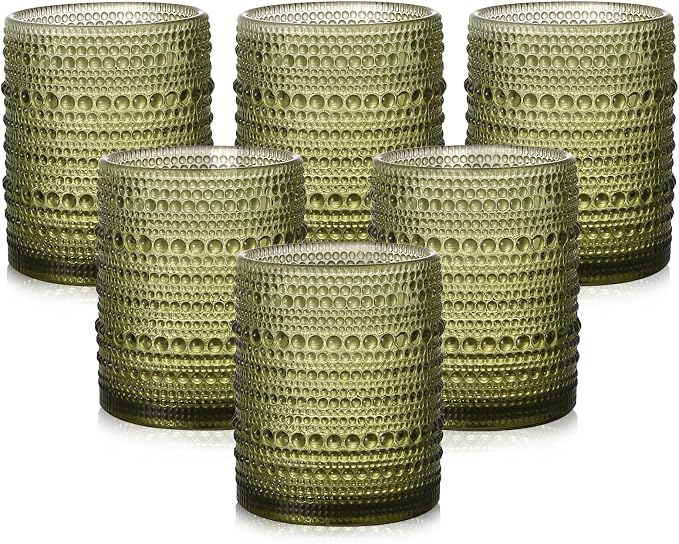 ZMOWIPDL Vintage Glassware Drinking Glasses Set of 6,12 oz Hobnail Glass Cups,Embossed Green Water Tumbler,for Beer,Cocktail,Whiskey,Juice and Various Mixed Drinks- 1 Cleaning Brush