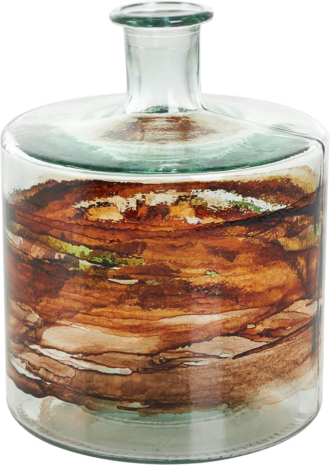 Deco 79 Recycled Glass Decorative Vase Abstract Spanish Bottle Centerpiece Vase with Swirled Colored Glass Bands, Flower Vase for Home Decoration 8" x 8" x 10", Clear