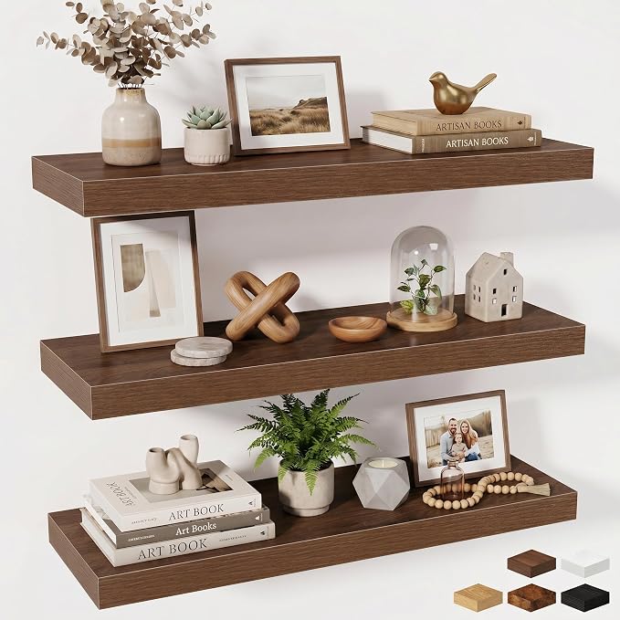 Fun Memories Floating Shelves for Wall, 32 Inch Long Floating Shelves Set of 3, 32 x 10 Wooden Shelves for Wall, Large Storage Shelves, Hanging Shelves for Bathroom Kitchen Bedroom, Walnut