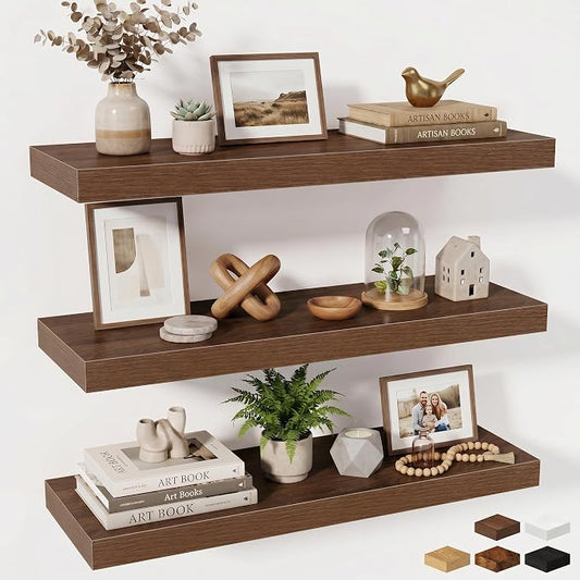 Fun Memories Floating Shelves for Wall, 32 Inch Long Floating Shelves Set of 3, 32 x 10 Wooden Shelves for Wall, Large Storage Shelves, Hanging Shelves for Bathroom Kitchen Bedroom, Walnut