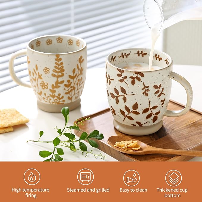 Ceramic Coffee Mug with Colorful Pattern, 18OZ Stoneware Coffee Mug with Large Handle, Tea Cup for Cappuccino, Cocoa, Latte, Tea, Microwave, Oven and Dishwasher Safe, Red leaves