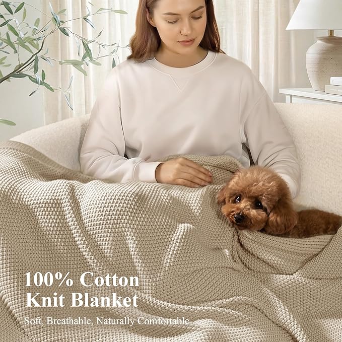 100% Cotton Cable Knit Throw Blanket, Large Lightweight Soft Knit Blanket for Sofa Couch Bed, Breathable All-Season Throw, Cozy Decorative Blanket, 60 x 80 Inch,Linen