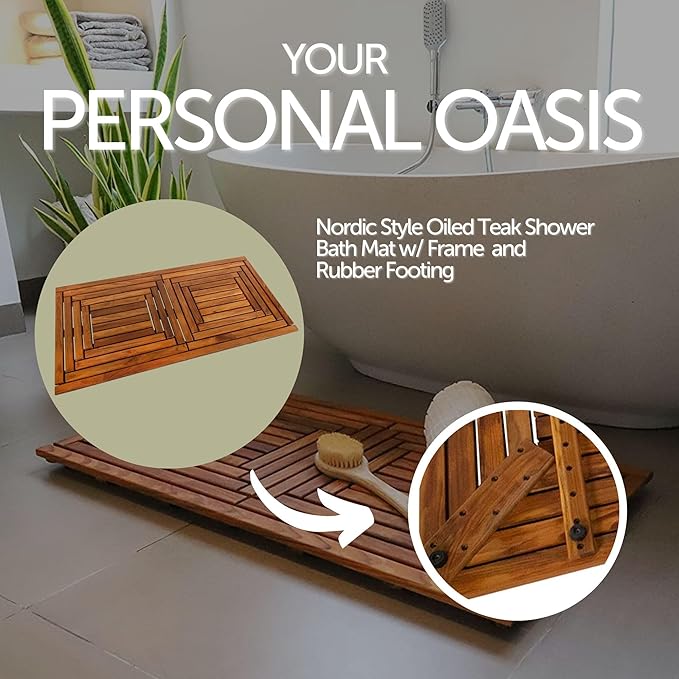 Nordic Style Teak Shower, Bath and Spa Mat | Indoor + Outdoor Use | Non-Slip Wood Platform | Spa, Sauna, Pool, Hot Tub | Luxury Decor | Framed Oiled Finish (40" x 20")