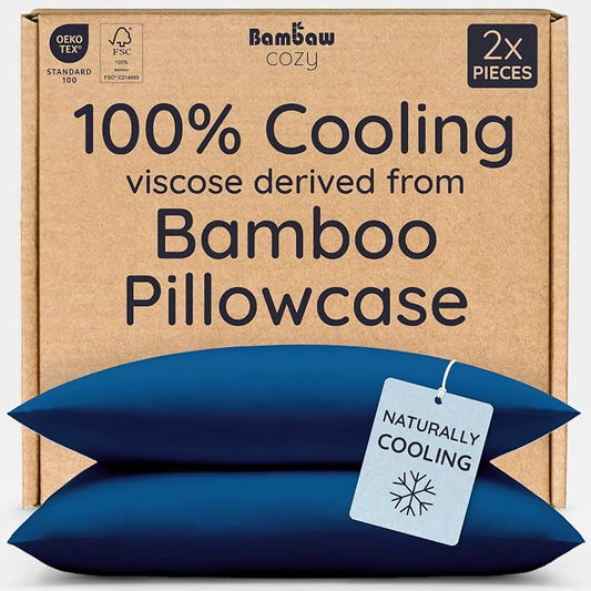 Bambaw 100% Viscose Derived from Bamboo Pillowcase Standard Size – Set of 2 Cooling Pillow Cases with Envelope Closure, Navy Blue Pillow Case, Breathable & Soft Pillow Cases Standard Size (Navy Blue)